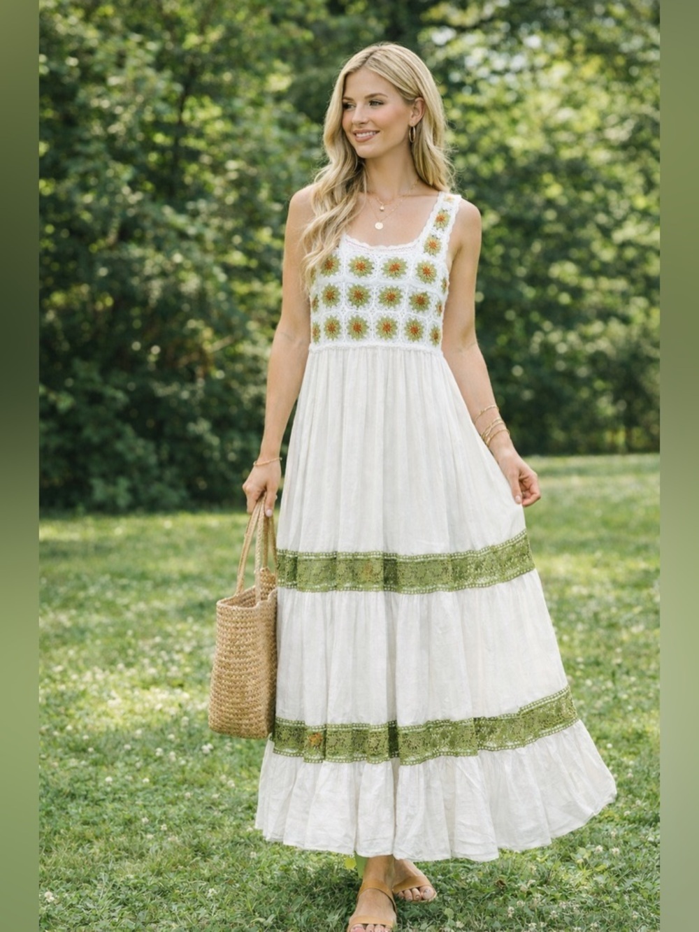 Crochet White and Green Maxi Dress